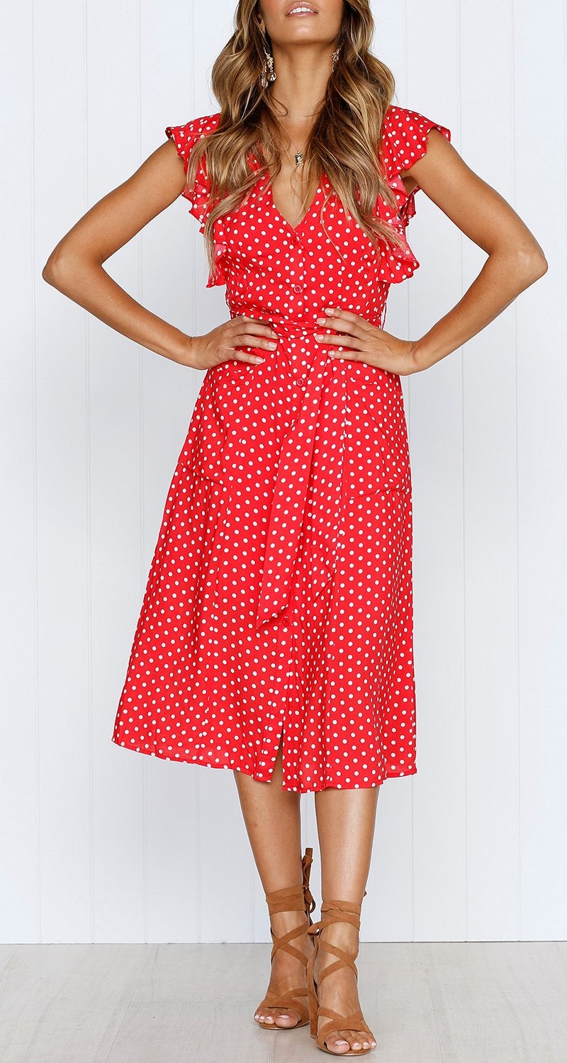 MITILLY Women's Boho Polka Dot Flutter Short Sleeve V Neck Button Down Swing Midi Dress with Pockets Large Red - Image 5
